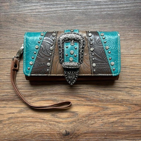 Montana West Western Style Wallet, Brown and Teal, Silver Buckle - Picture 1 of 7